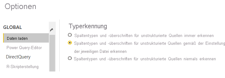 Screenshot des Optionsfensters mit den Einstellungen „Daten laden“ und „Typerkennung“.