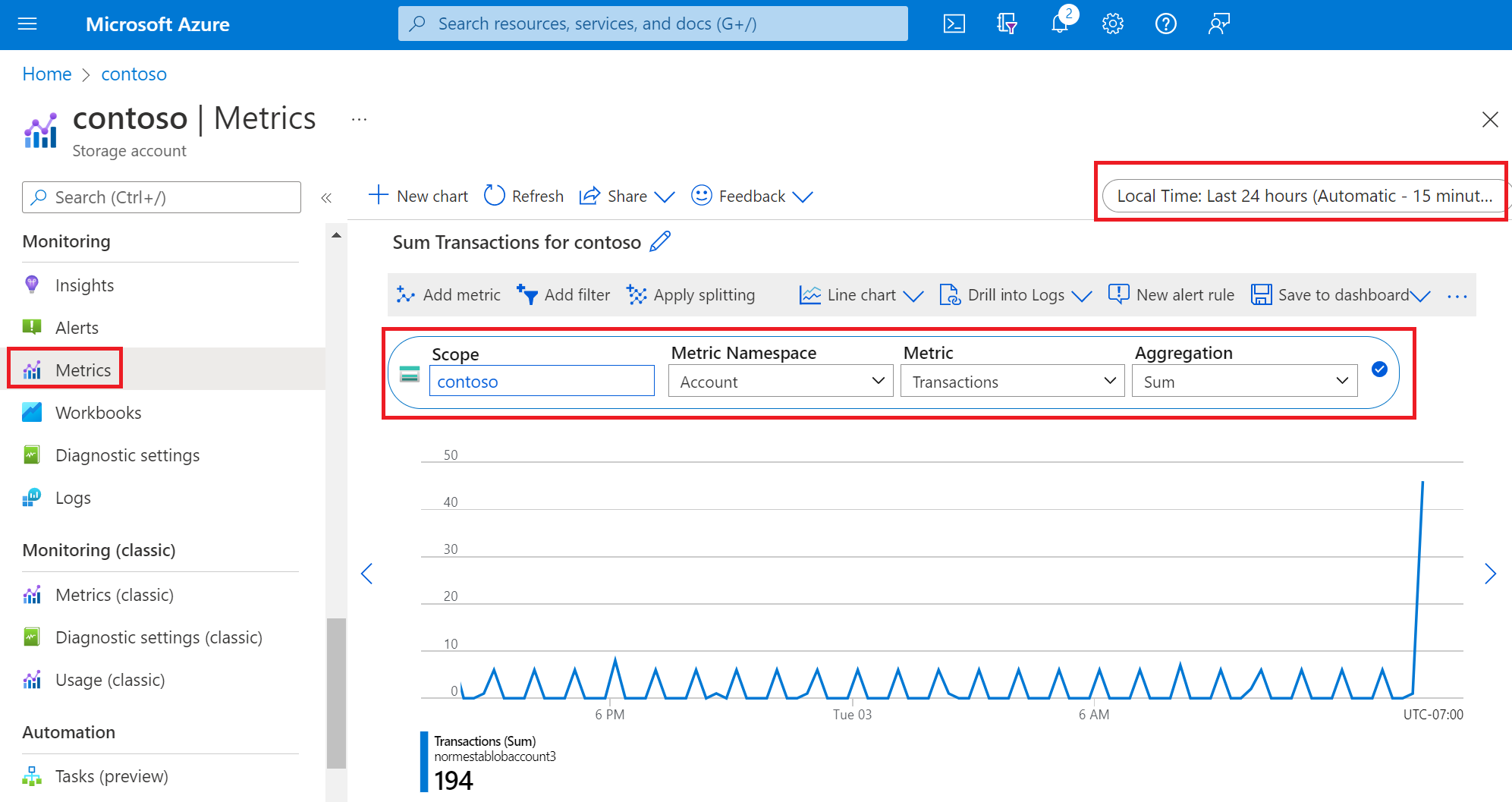 Screenshot that shows getting a transaction metric in Metrics Explorer.