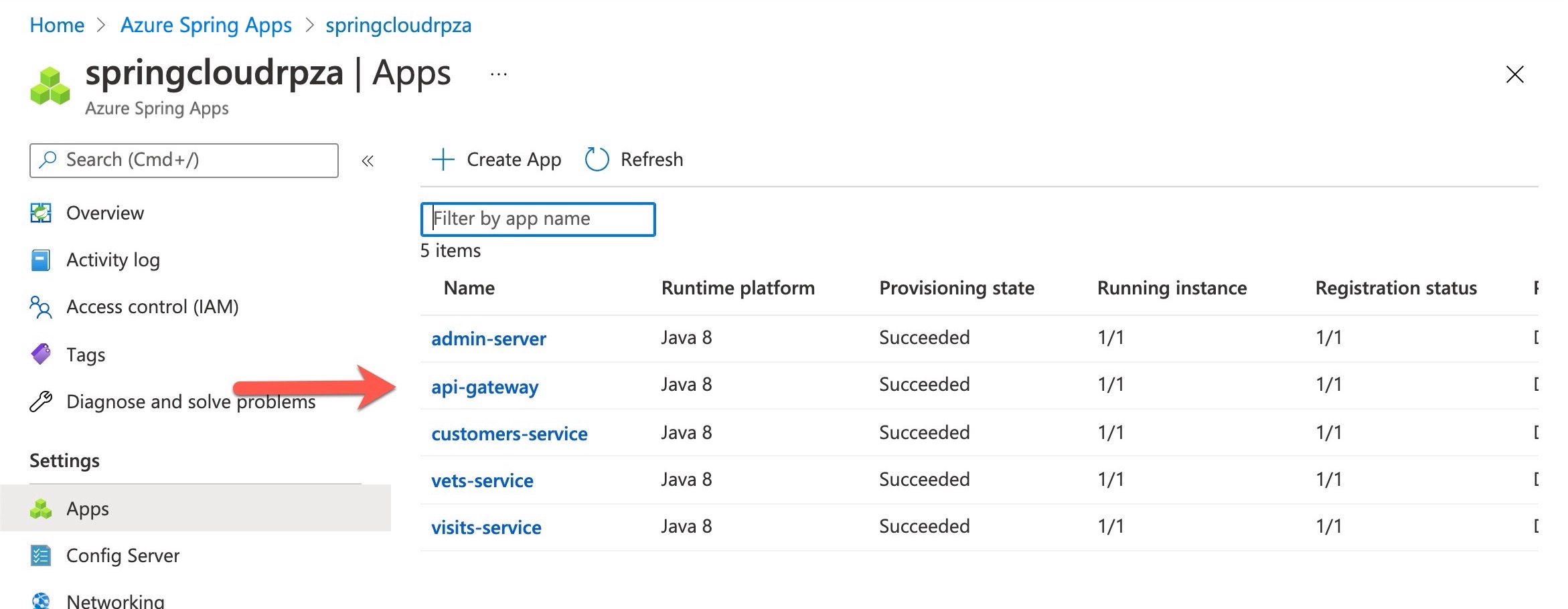 Screenshot von Anwendungen unter Ihrer Spring Apps-Instanz