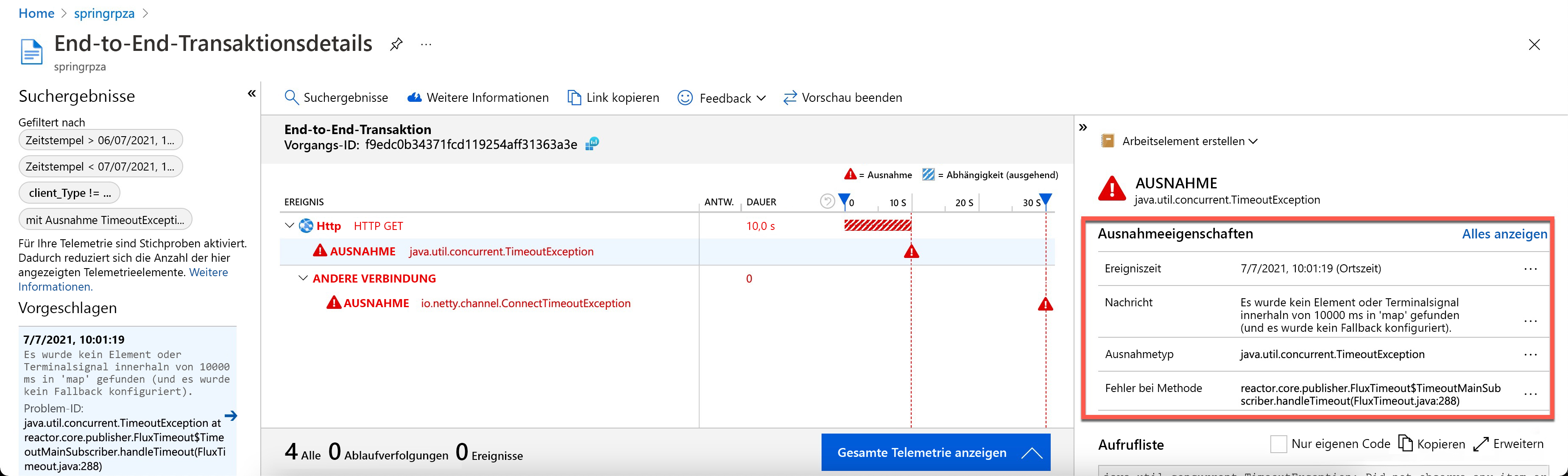 Screenshot: Anzeige mit Ausnahmedetails