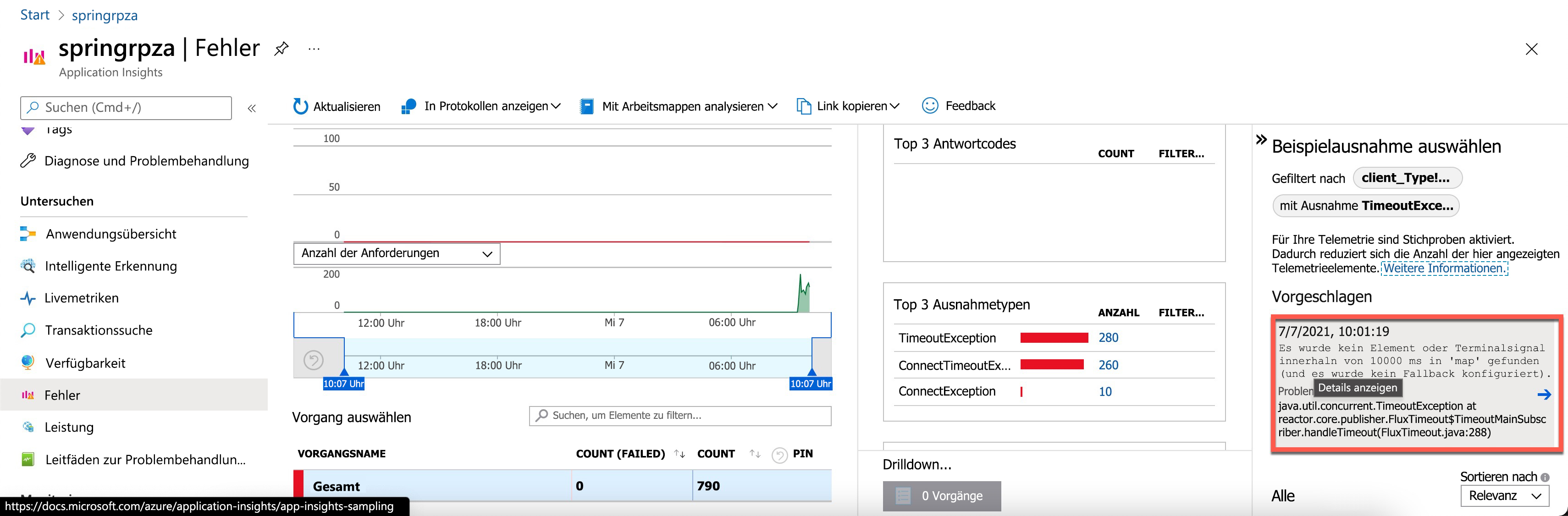 Screenshot einer Anzeige mit Ausnahmedetails