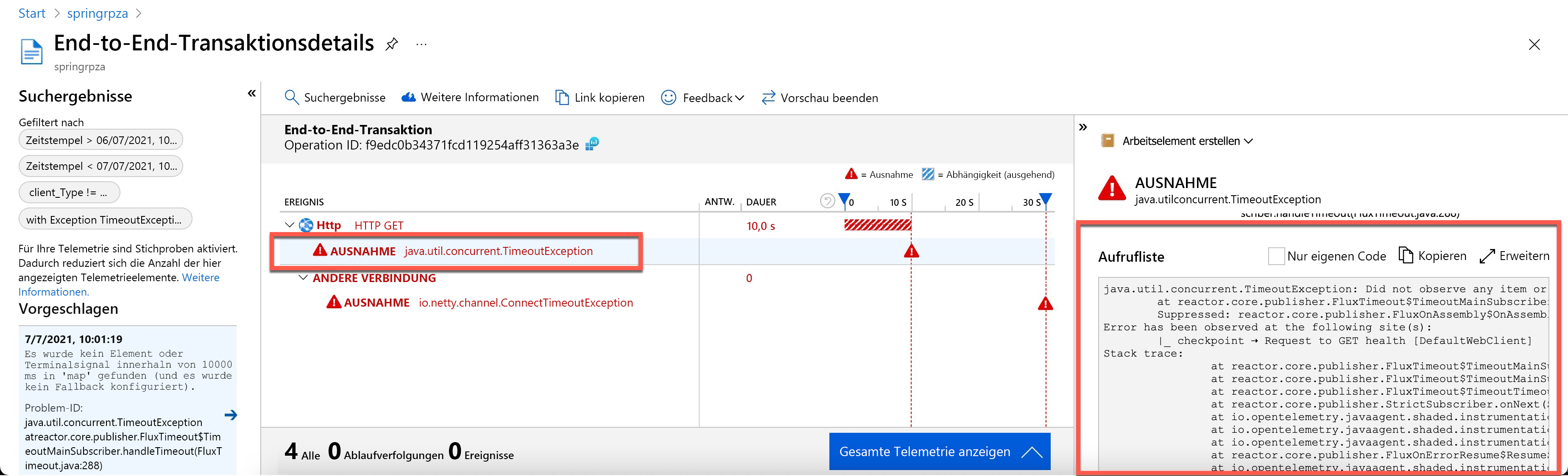 Screenshot: Anzeige mit Überwachungsinformationen zur Ausnahme