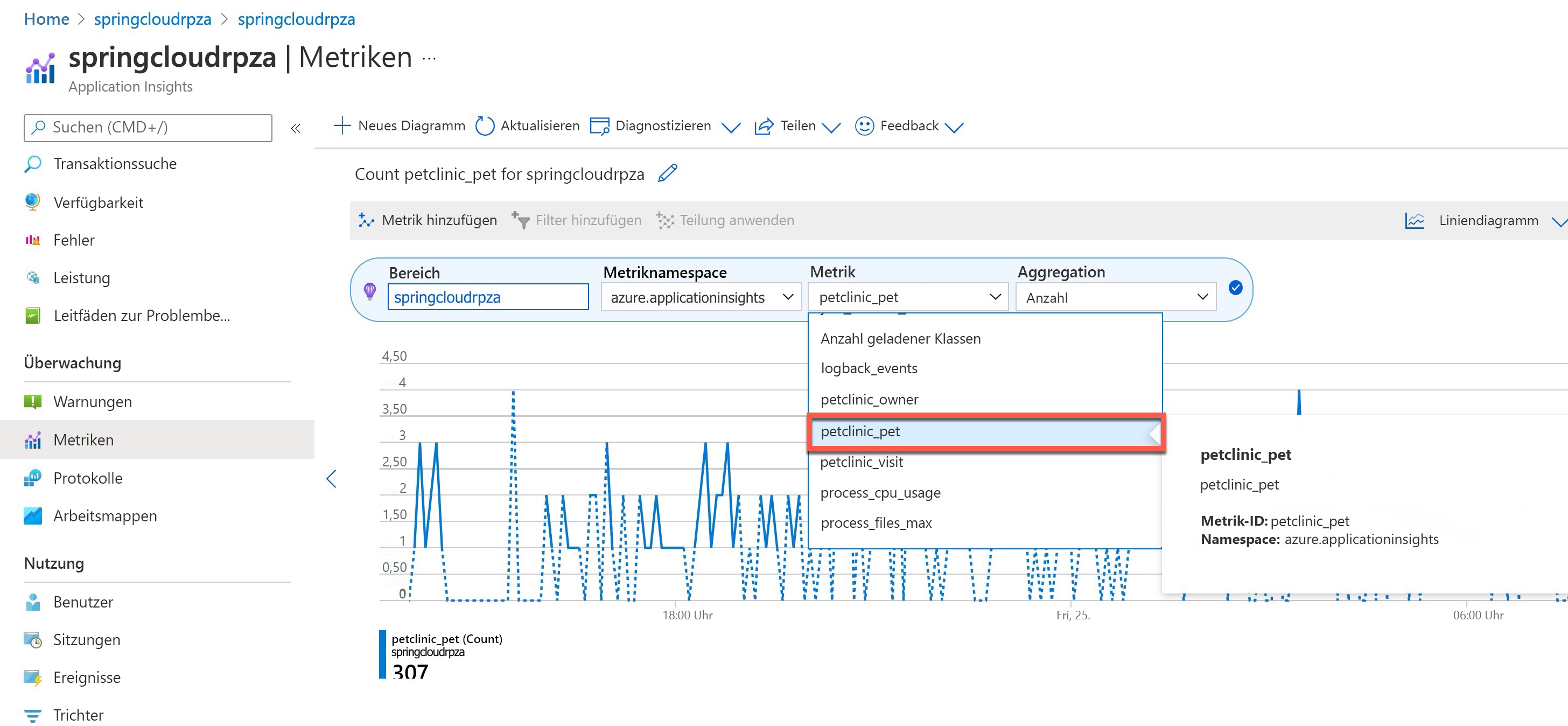 Screenshot: Metrik- und Aggregationsauswahl für benutzerdefinierte Metriken