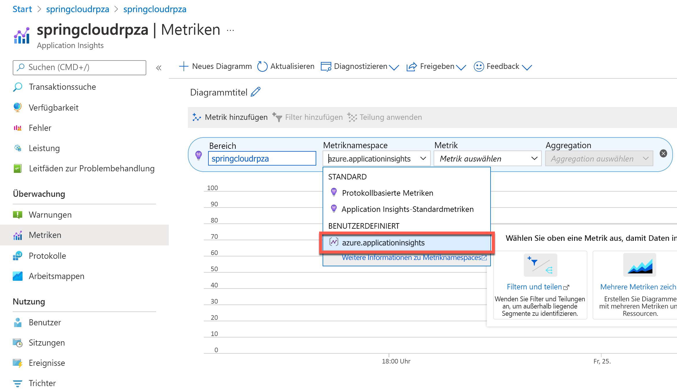 Screenshot: Namespaceauswahl für benutzerdefinierte Metriken