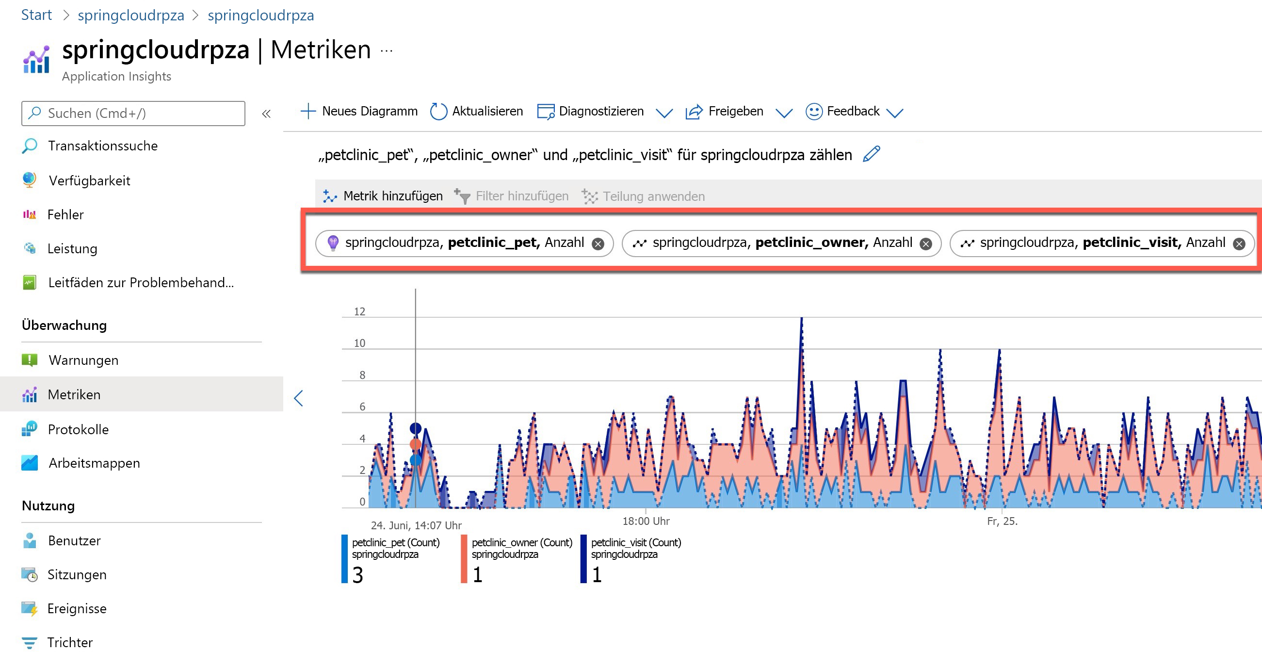 Screenshot: Abgeschlossene Ansicht benutzerdefinierter Metriken