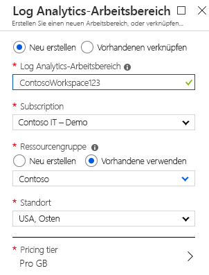 Screenshot that shows new Log Analytics workspace options.