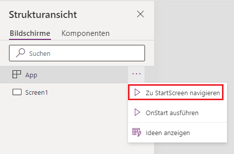 Screenshot eines Kontextmenüs, das für das App-Objekt in Power Apps Studio verfügbar ist