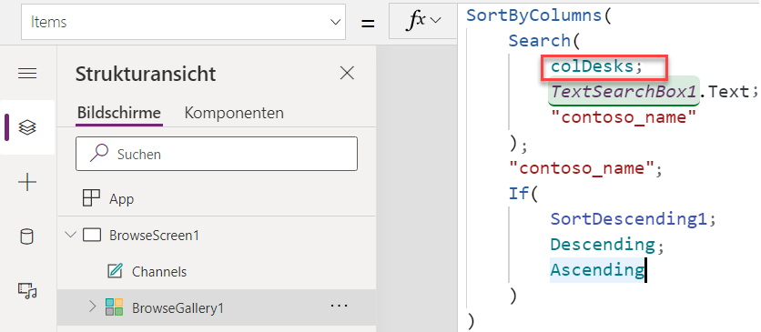 Screenshot des Menüs „Strukturansicht > Bildschirme“ mit der hervorgehobenen aktualisierten Formel