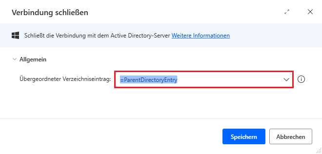 Screenshot der Eigenschaften der Aktion „Verbindung schließen“