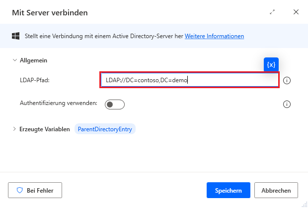 Screenshot der Eigenschaften der Aktion „Mit Server verbinden“