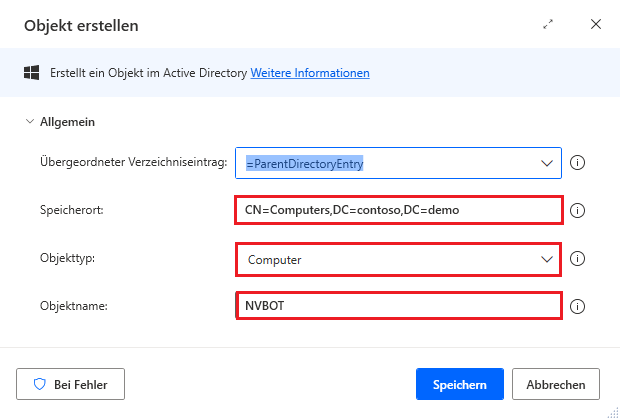 Screenshot der Eigenschaften der Aktion „Objekt erstellen“