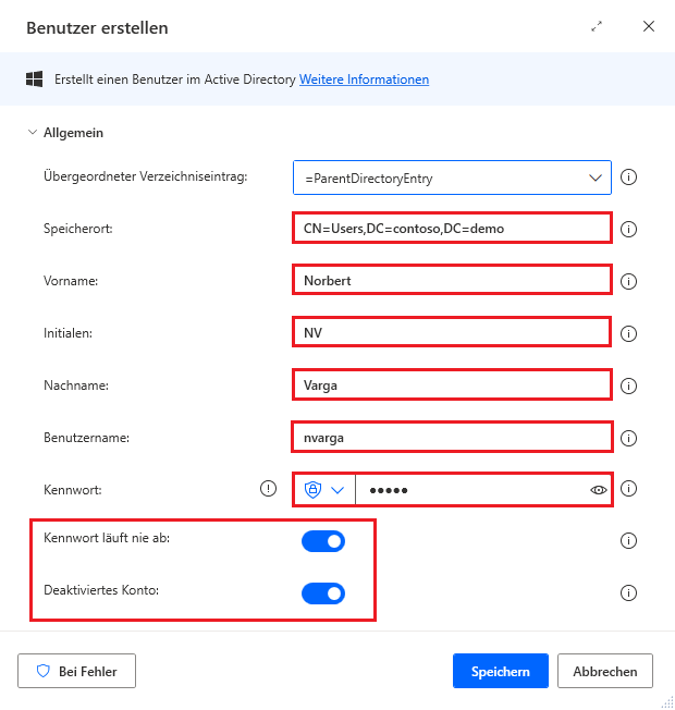 Screenshot der Eigenschaften der Aktion „Benutzer erstellen“
