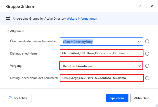Screenshot der Eigenschaften der Aktion „Gruppe ändern“