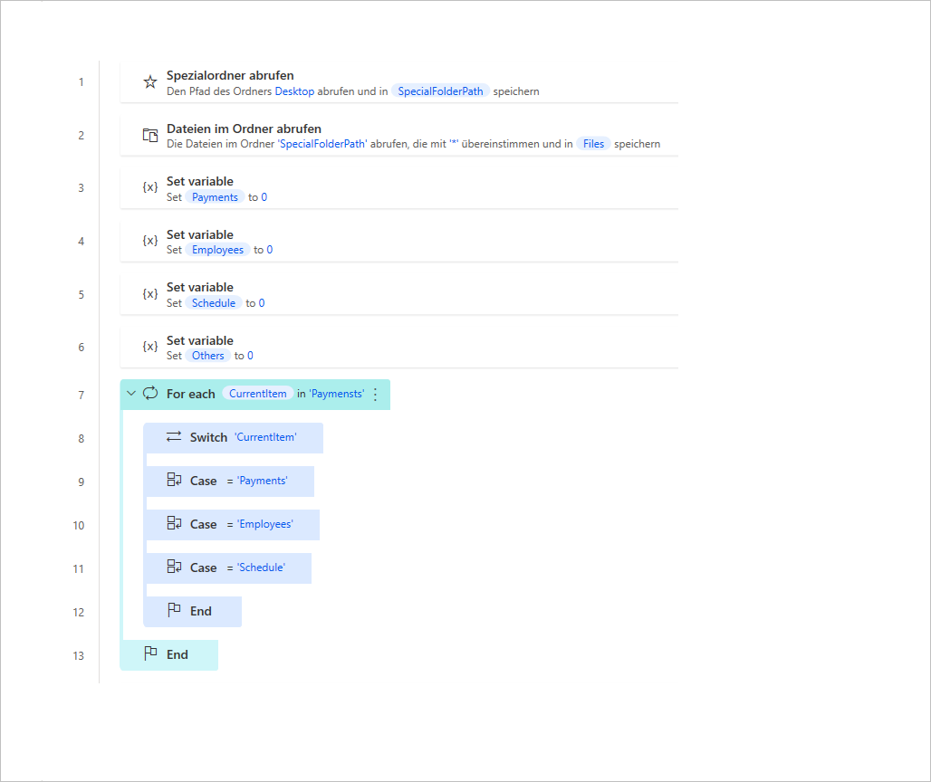 Screenshot mit den der Aktion „For Each“ hinzugefügten Fällen