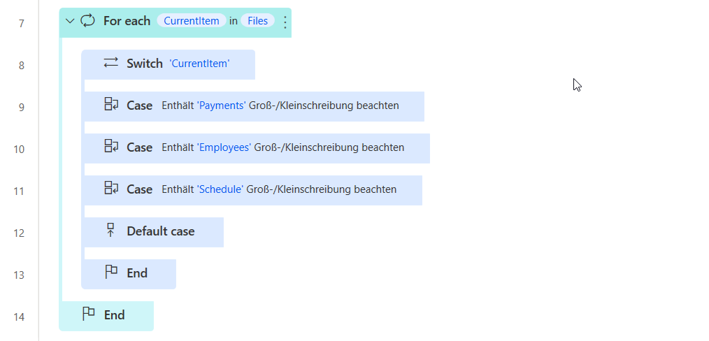 Screenshot mit dem der Aktion „For Each“ hinzugefügten Standardfall