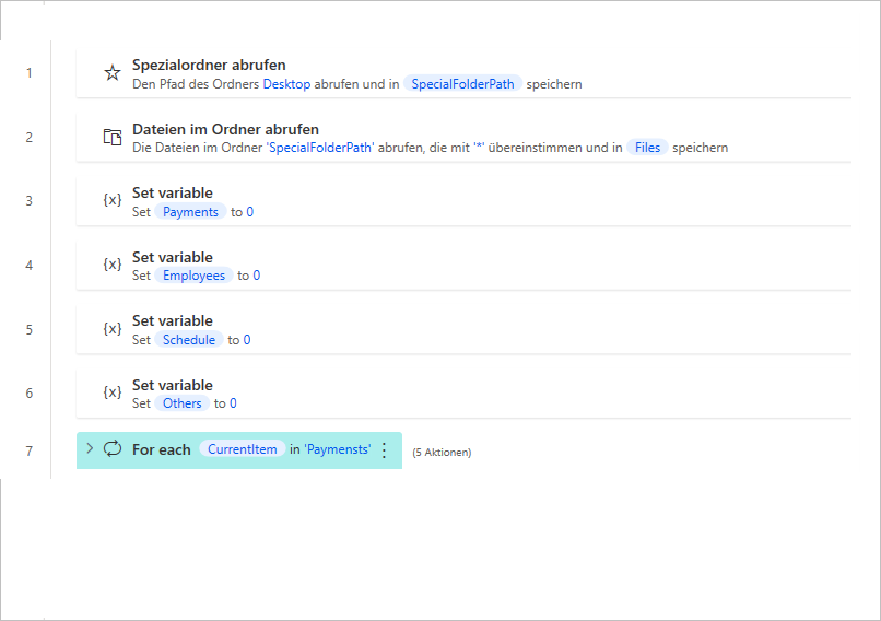 Screenshot mit der hinzugefügten Aktion „For each“
