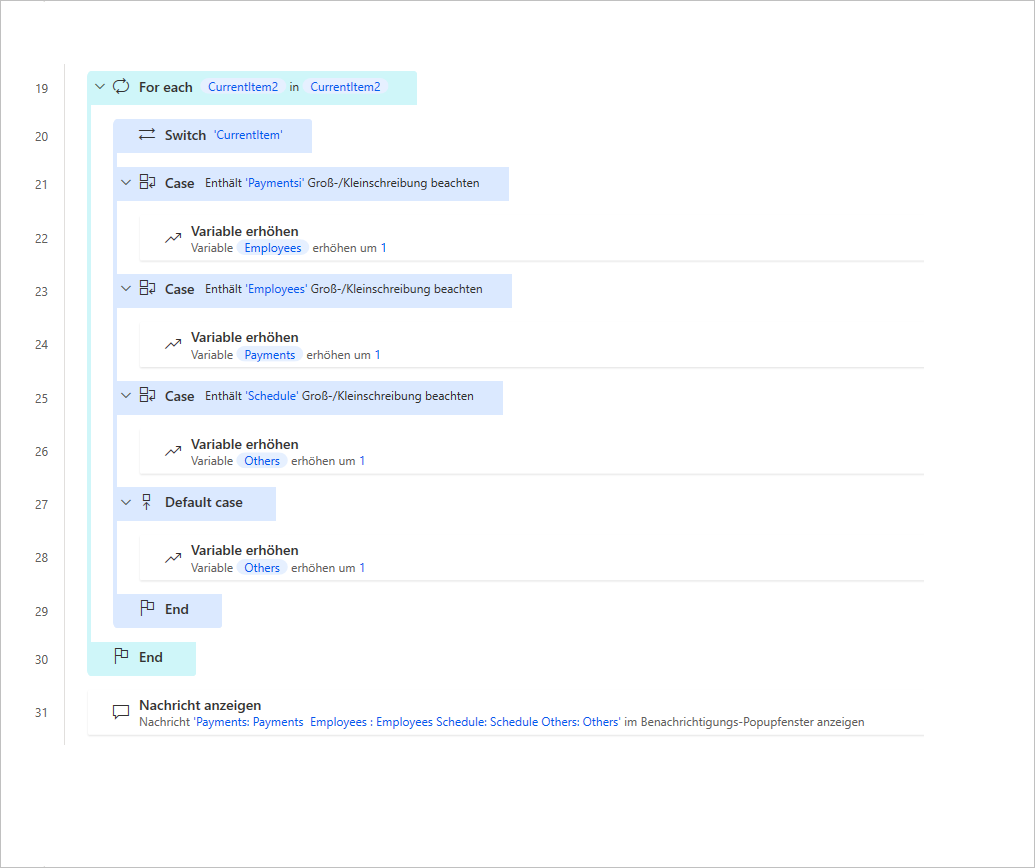 Screenshot mit der jedem Fall hinzugefügten Option „Variablenzähler erhöhen“