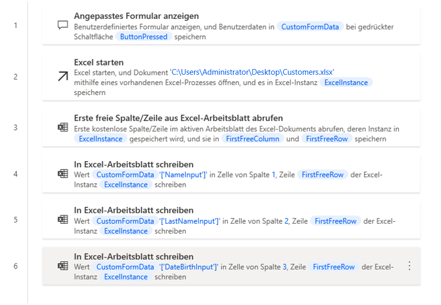 Screenshot der bereitgestellten Excel-Aktionen