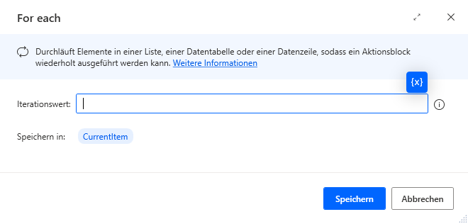 Screenshot des Dialogfelds mit den Aktionseigenschaften „For each“