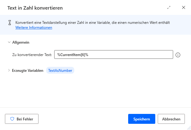 Screenshot der Aktion „Text in Zahl konvertieren“