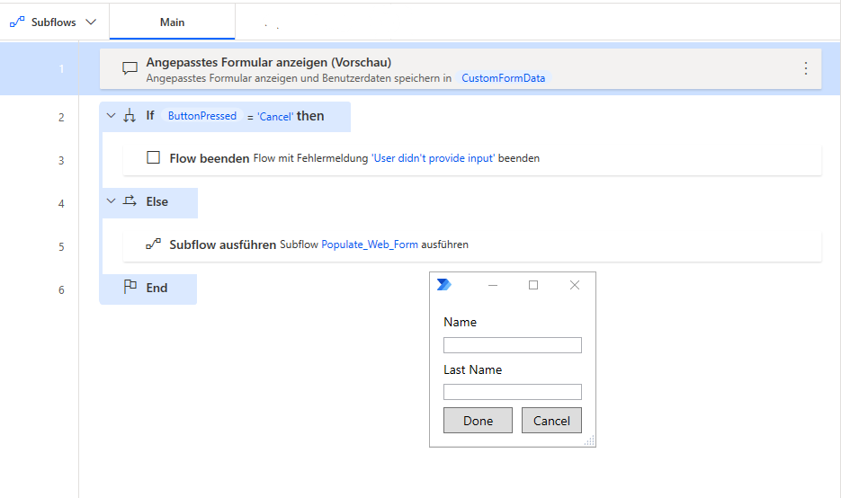 Screenshot eines Flows, der überprüft, welche Formularschaltfläche betätigt wurde.