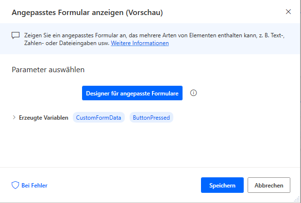 Screenshot der Schaltfläche für angepasste Formulardesigner in der Aktion „Angepasstes Formular anzeigen“