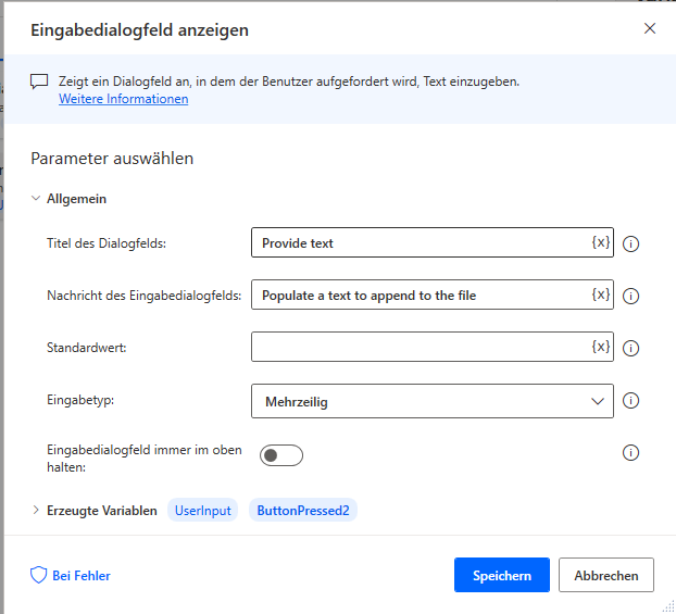 Screenshot der Eigenschaften der Aktion „Eingabedialogfeld anzeigen“