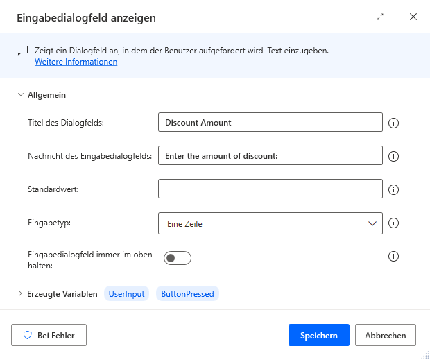 Screenshot der Aktion „Eingabedialog anzeigen“