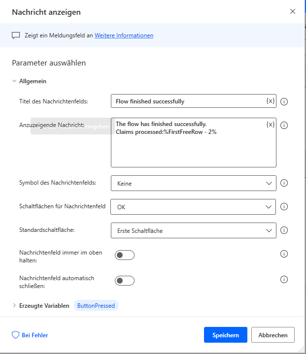 Screenshot der Aktionseigenschaften „Nachricht anzeigen“