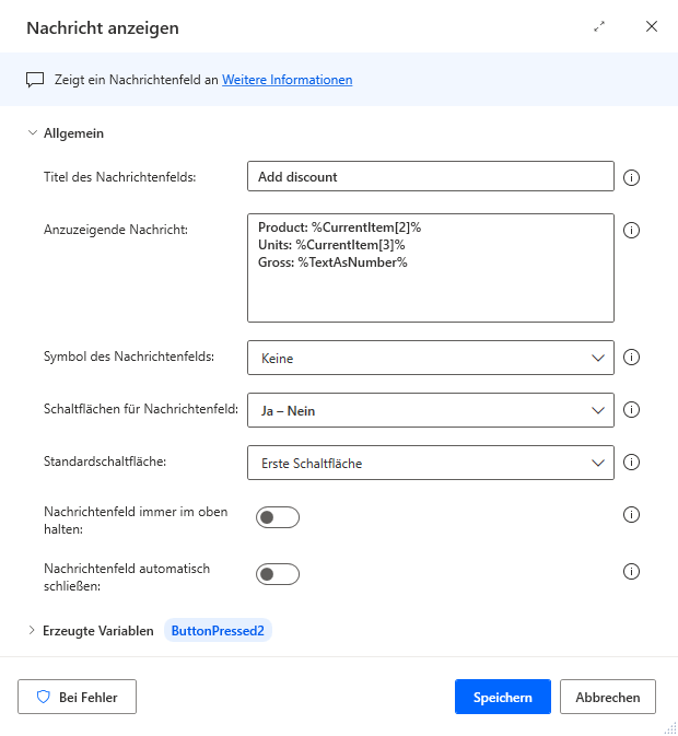 Screenshot der Aktion „Nachricht anzeigen“