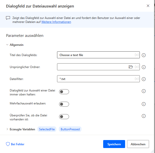 Screenshot der Eigenschaften der Aktion „Dialogfeld zur Auswahl einer Datei“