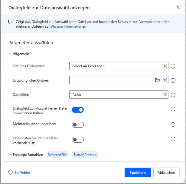 Screenshot der Aktion „Dialogfeld zur Auswahl einer Datei“