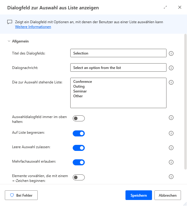 Screenshot eines Dialogfelds zur Auswahl aus Liste anzeigen