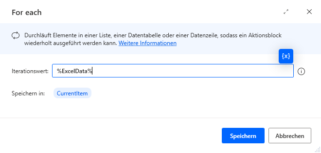 Screenshot des Dialogfelds mit den Eigenschaften von „For each“