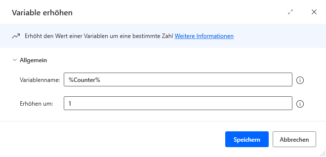Screenshot der Aktion „Variable erhöhen“