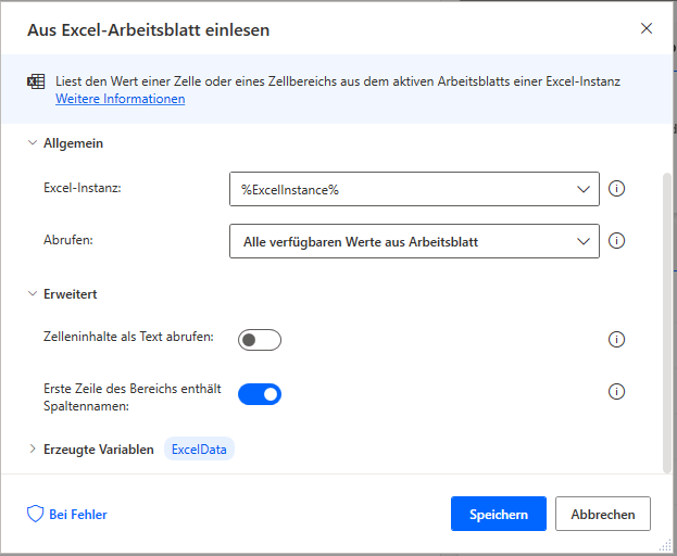 Screenshot der Aktion „Aus Excel-Arbeitsblatt einlesen“