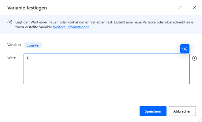 Screenshot der Aktion „Variable festlegen“
