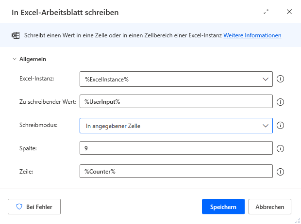 Screenshot zur ersten Aktion „In Excel-Arbeitsblatt schreiben“ zum Schreiben der Rabattkopfzeile