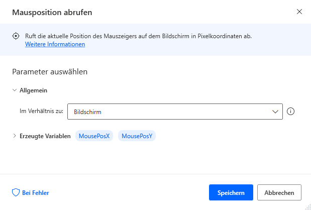 Screenshot des Dialogfelds mit Aktionseigenschaften „Mausposition abrufen“
