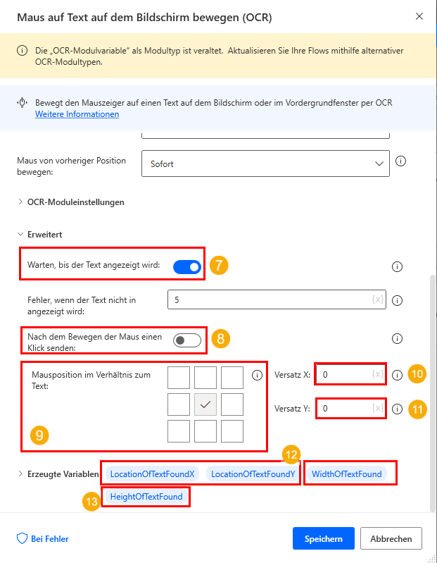 Screenshot der erweiterten Eigenschaften der Aktion „Maus auf Text auf dem Bildschirm bewegen“