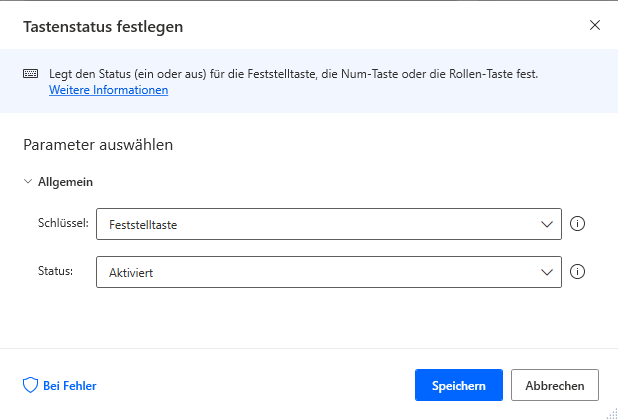 Screenshot des Eigenschaftendialogfeldes zur Aktion „Tastenstatus festlegen“