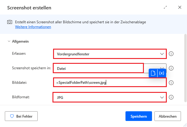 Screenshot der Eigenschaften „Screenshot erstellen“