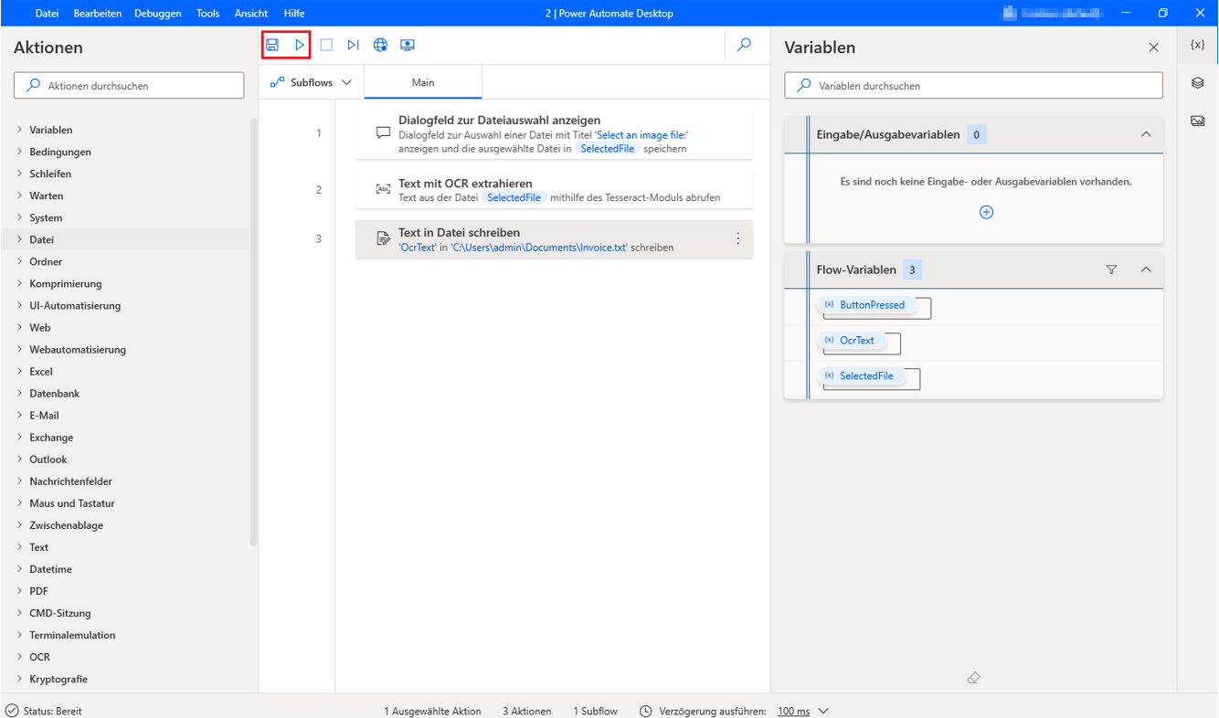 Screenshot der entsprechenden Schaltflächen im Designer zum Speichern und Ausführen des endgültigen Flows