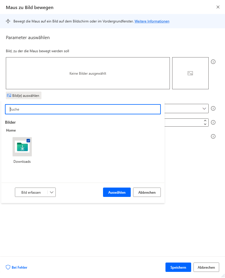 Screenshot des Popups des Steuerungs-Repositorys für Aktionseigenschaften mit ausgewähltem Symbol „Einfügen“