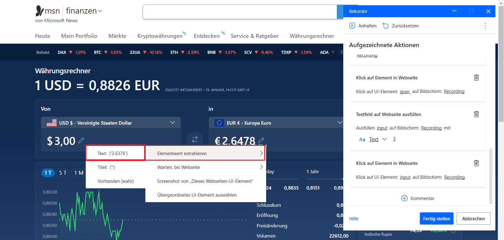 Screenshot der Option, um die umgerechneten Euro von der Seite des MSN-Währungsumrechners zu extrahieren