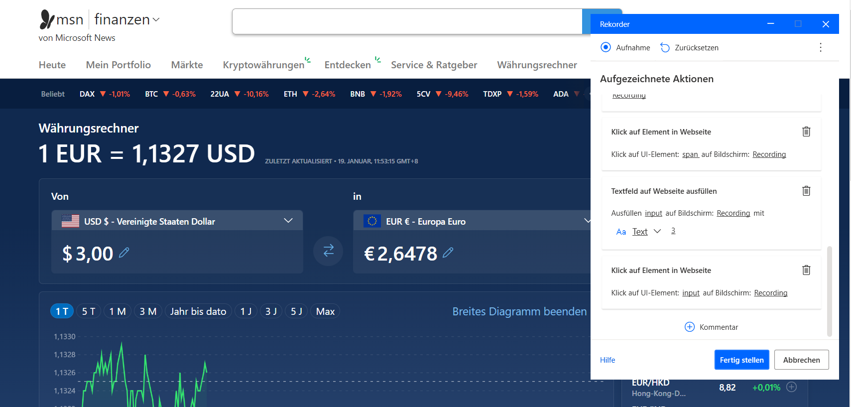 Screenshot des ausgefüllten Felds „US-Dollar“ auf der Seite „MSN-Währungsrechner“