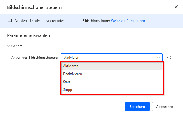 Screenshot der Eigenschaften der Aktion „Bildschirmschoner steuern“
