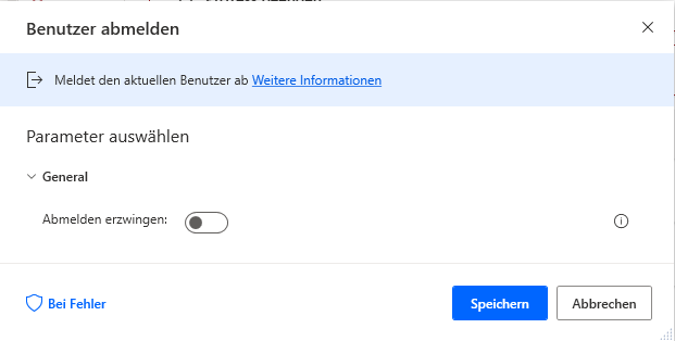 Screenshot der Eigenschaften der Aktion „Benutzer abmelden“