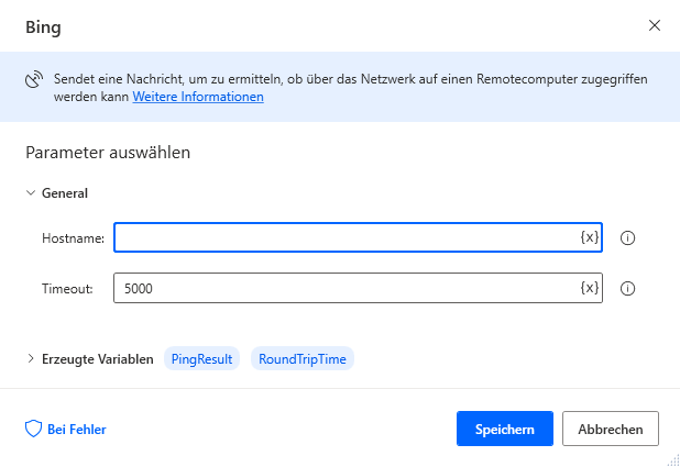 Screenshot der Eigenschaften der Aktion „Pingen“
