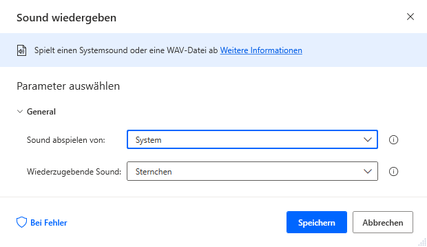 Screenshot der Eigenschaften der Aktion „Sound abspielen“